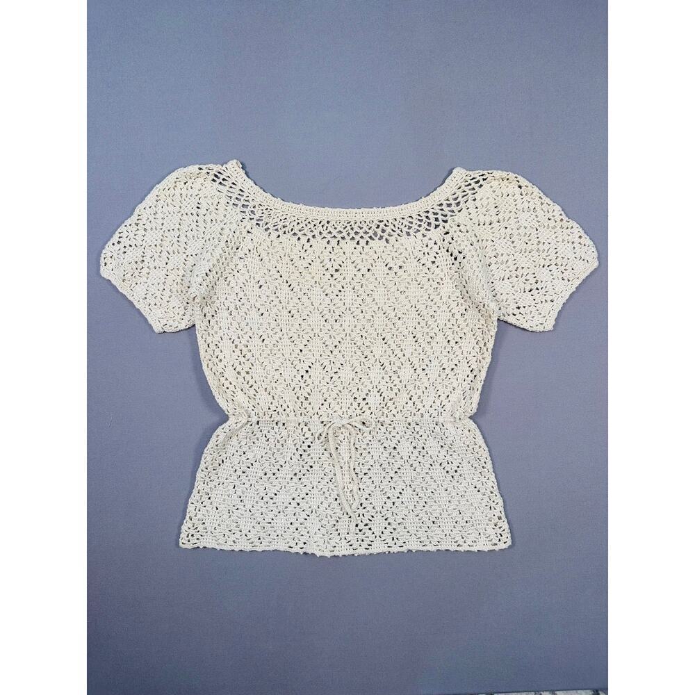Handmade Vintage Crochet Mesh Drawstring Waist Short Sleeve Boho Indie Top
